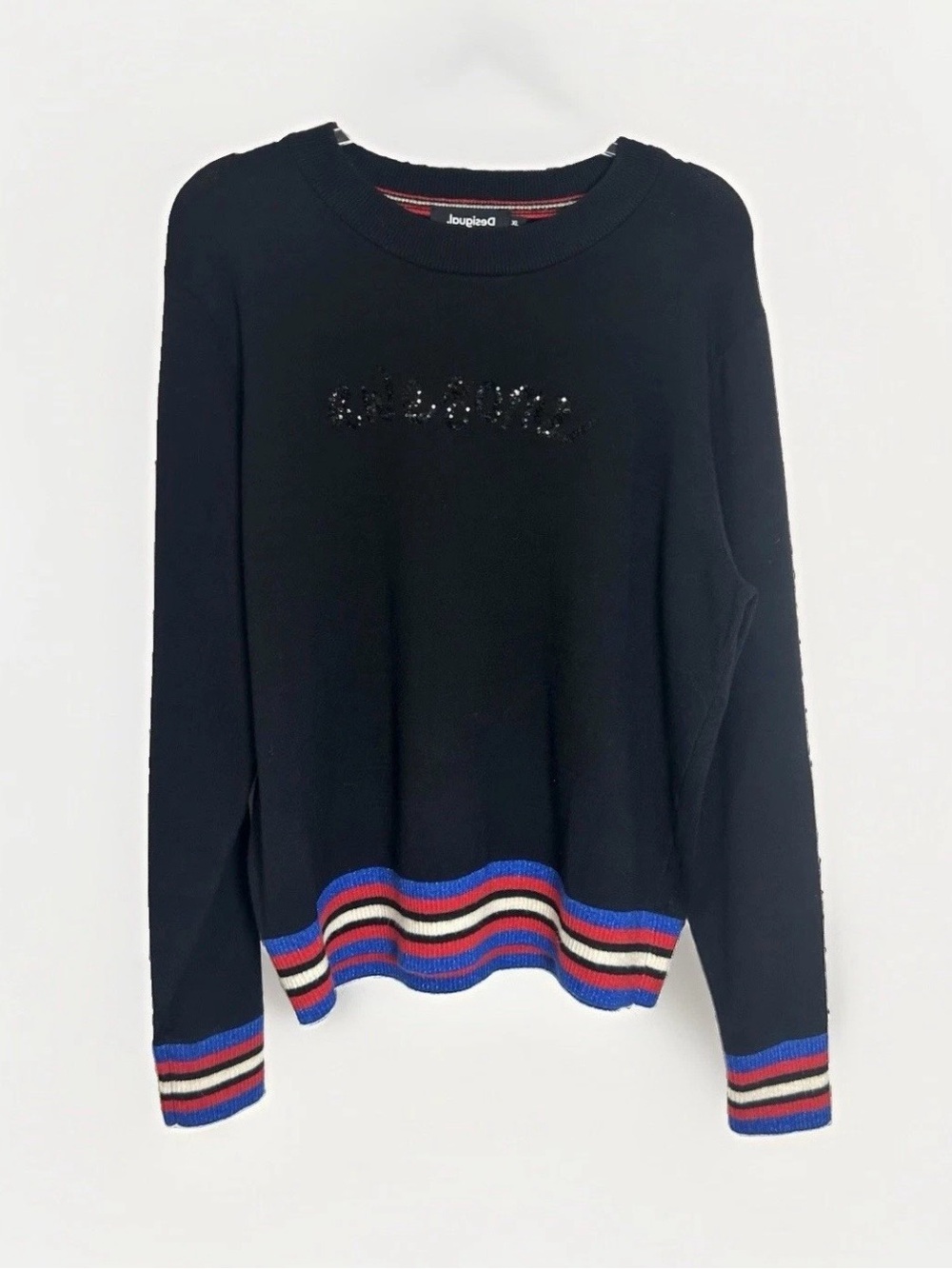 Desigual Sweater Black Crew Neck Awesome Sequin Logo Multi Trim Women XL Rainbow